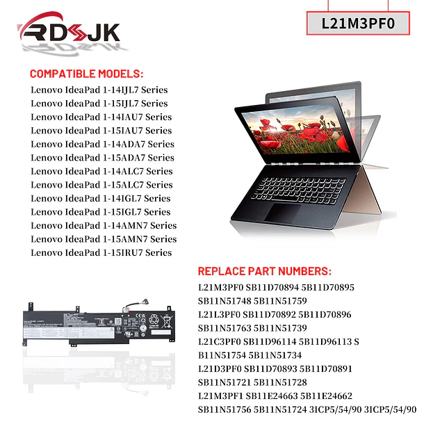 Batería de Repuesto L17C2PB3 para Lenovo IdeaPad 1 14IGL7 14IJL7 14IAU7 14ADA7 14ALC7 14AMN7 15IGL7 3