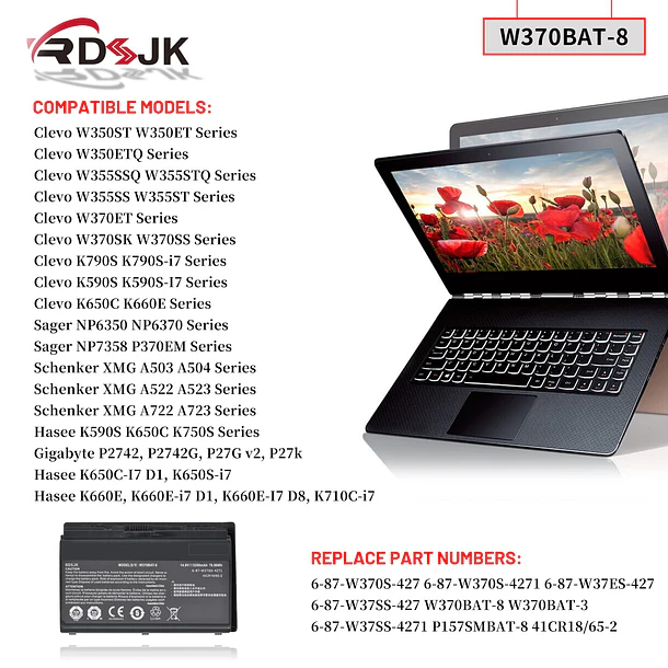 Batería de Repuesto W370BAT-8 para diversos equipos compatibles según modelo W370BAT-8 - RDSJ 3