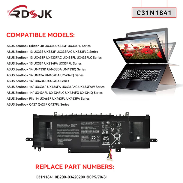 Batería de Repuesto B41N1304 para ASUS ZenBook UX333FAC UX334FA UX334FL UX433FL UX433FLC UM433DA UM433IQ UM434DA 3