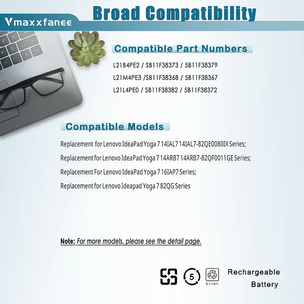 Batería de Repuesto L21B4PE2 para Lenovo IdeaPad Yoga 7 16IAP7 14ARB7 14IAL7 82QF 82QG Series - Vmaxxfanee 5