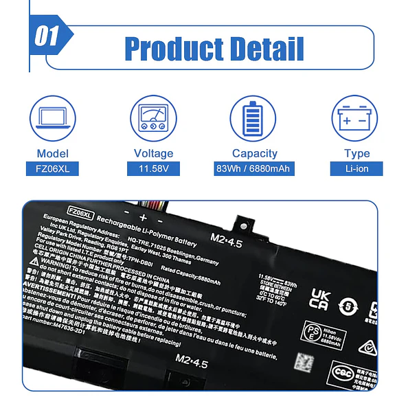 Batería de Repuesto FZ06XL para HP Spectre x360 2-in-1 Envy 16-h0011TX 16-f0035nr 16-h0006TX 16 h0112nr 2