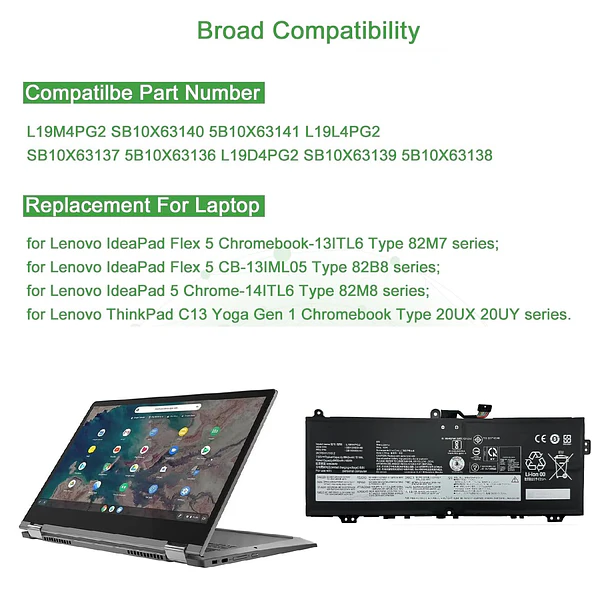 Batería de Repuesto L19L4PG2 para Lenovo ThinkPad C13 Yoga 1st Gen Chromebook Series, IdeaPad Flex - HJTPOWER 2