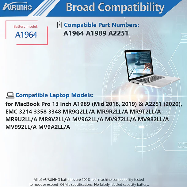 Batería de Repuesto JPFMR para MacBook Pro 13 Inch A1989 (Mid 2018, 2019) & A2251 - AURUNHO 5