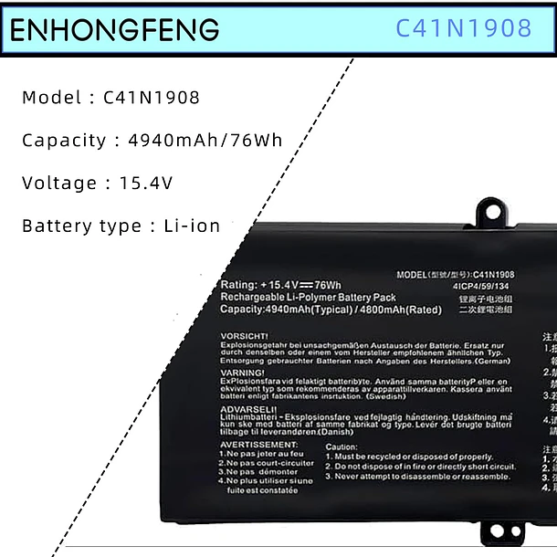 Batería de Repuesto C41N1908 para Asus ROG Zephyrus G14 GA401II GA401IV GA401IH GA401IU GA401IV GA401IV-BR9N6 - ENHONGFENG 2