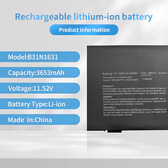 Batería de Repuesto para Asus VivoBook 15 X505BP X505BA X505BA-BR016T Series Notebook Black (11.55V - Hubei