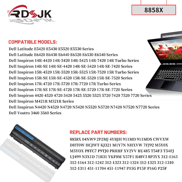 Batería de Repuesto 45N1096 para Dell Inspiron 14R 5420 15R 5520 17R 7720 4420 4520 3