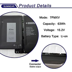 Batería de Repuesto 7FMXV para Dell Latitude 5320 7320 7420 7520 Series Notebook P138G P139G