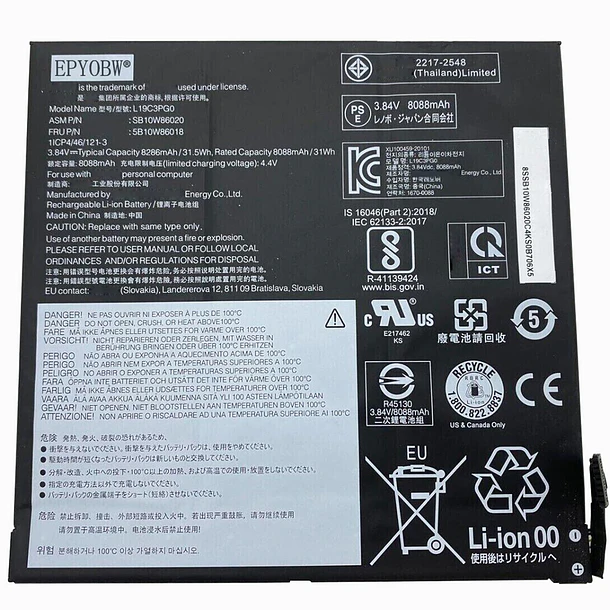 Batería de Repuesto L19C3PG0 para Lenovo 10e Chromebook Tablet 82AM 82AQ Series Notebook L19M3PG0 SB10W86020 - EPYOBW 1