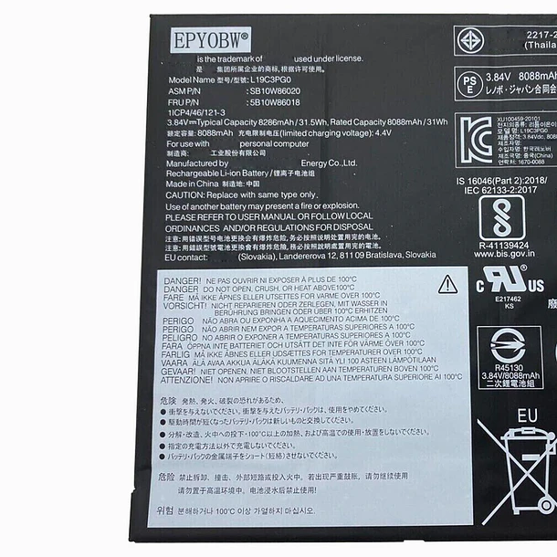 Batería de Repuesto L19C3PG0 para Lenovo 10e Chromebook Tablet 82AM 82AQ Series Notebook L19M3PG0 SB10W86020 - EPYOBW 2