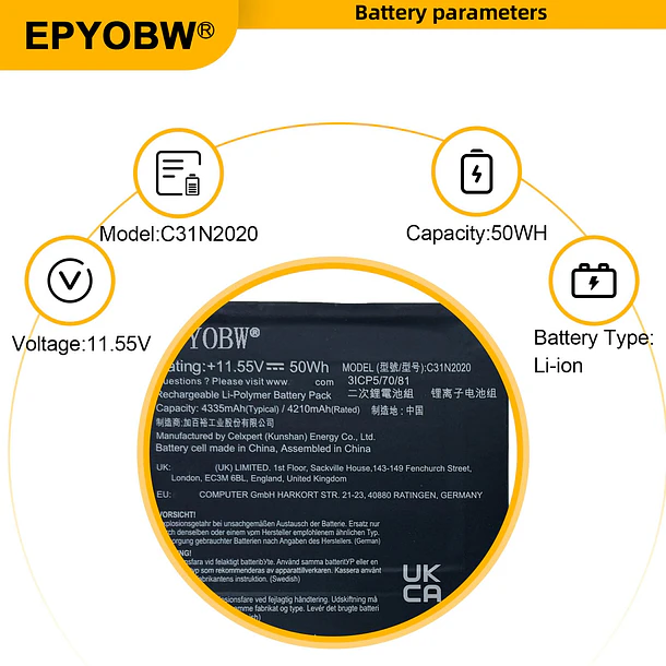 Batería de Repuesto C31N2020 para Asus Chromebook Flip CM1 CM1400FXA-EC0014 CM1400FXA-EC0022 CM1400FXA-EC0023 CM1400FXA-EC0046 Series 3ICP5/70/81 - EPYOBW 3
