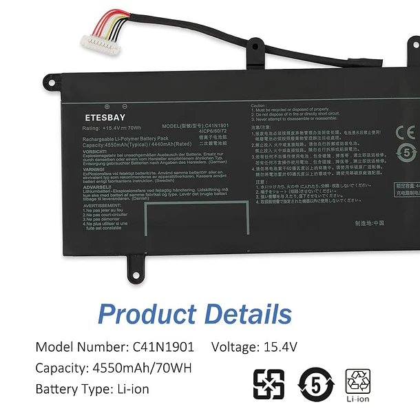 Batería de Repuesto C41N1901 para Asus ZenBook Duo UX481F UX481FA UX481FL UX4000F UX4000FL 0B200-03520000 15.4V - ETESBAY 5