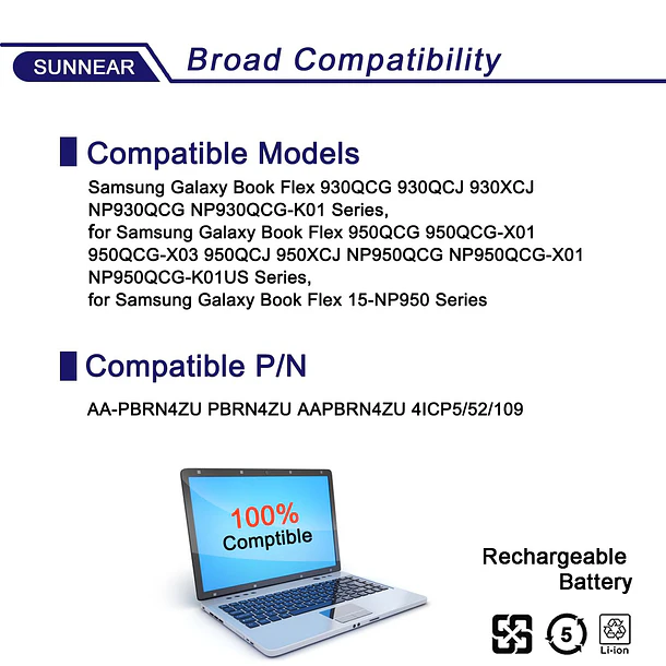 Batería de Repuesto AA-PBRN4ZU para Samsung Galaxy Book Flex 930QCG 930QCJ 930XCJ NP930QCG-K01 950QCG-X01 950QCJ - SUNNEAR 4
