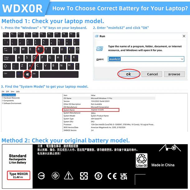 Batería de Repuesto WDX0R Battery for Dell para Dell Inspiron 15 13 5000 7000 Series 5568 5567 5570 5