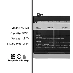 Batería de Repuesto 9NJM1 para Dell Alienware 15 R3 R4 17 R4 R5 Series (15.2V - 9NJM1 68Wh