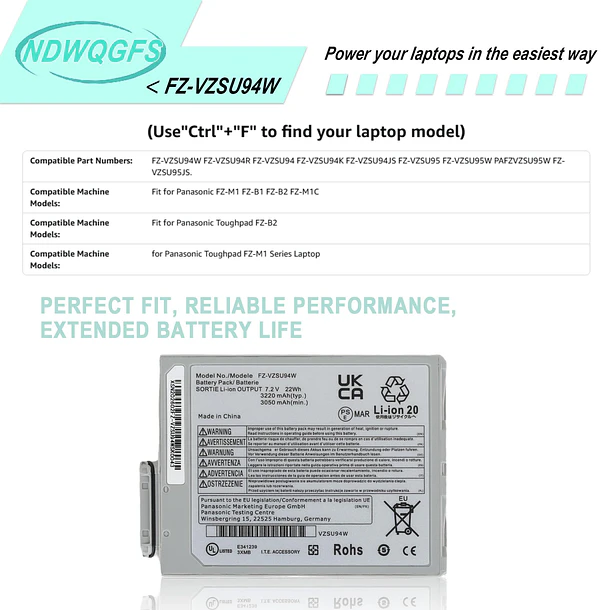 Batería de Repuesto FZ-VZSU94W para Toughpad FZ-B2 FZ-M1 FZ-B1 FZ-M1C Series Compatible with FZ-VZSU94 FZ-VZSU94JS - NDWQGFS 4
