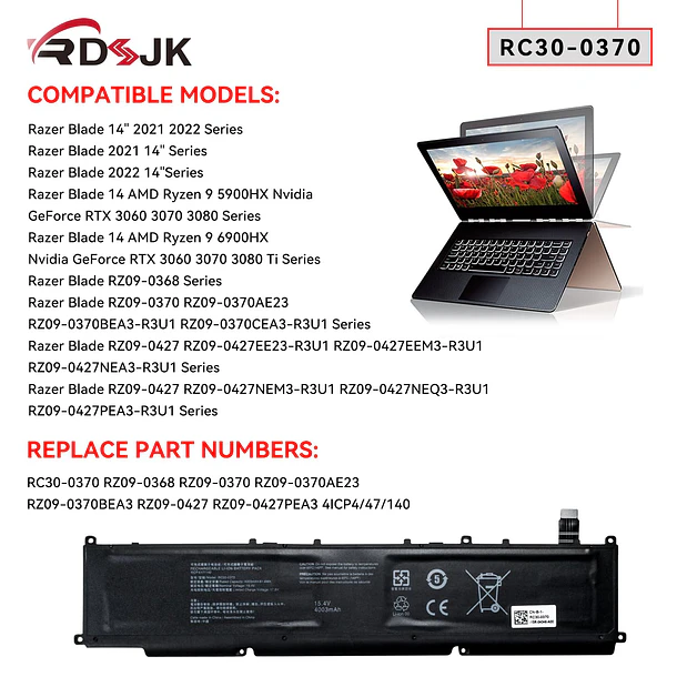 Batería de Repuesto RC30-0270 para Razer Blade 14 2021 2022 RZ09-0370 RZ09-0368 RZ09-0427 RZ09-0370AE23-R3U1 RZ09-0370BEA3-R3U1 3