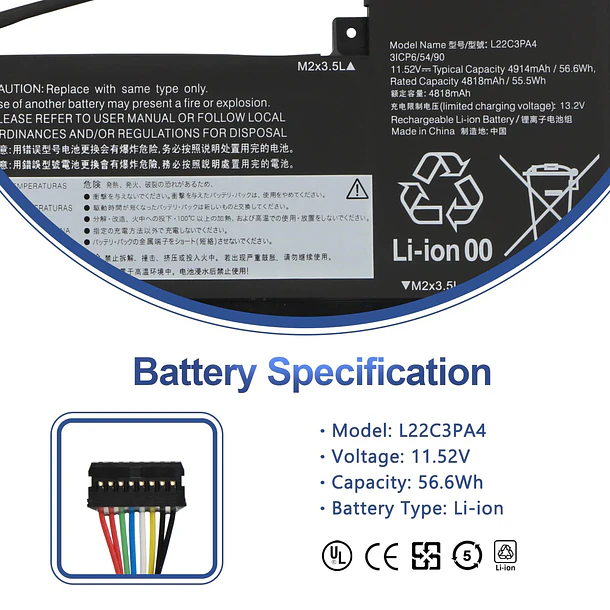 Batería de Repuesto L22M3PA4 para Lenovo IdeaPad Slim 5-14 5-16 Series 2