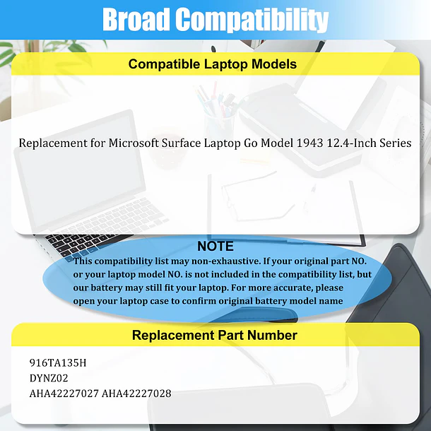 Batería de Repuesto 916TA135H para Microsoft Surface Laptop Go Model 1943 12.4 Inch Series Laptop - GlottyBatt 3