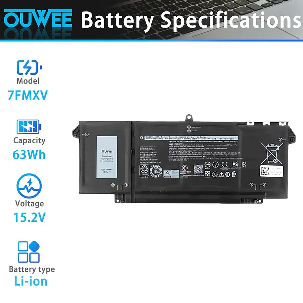 Batería de Repuesto 7FMXV para Dell Latitude 5320 7320 7420 7520 Series Notebook 0TN2GY TN2GY - OUWEE 2