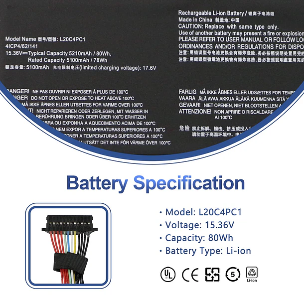 Batería de Repuesto L20C4PC1 para Lenovo Legion 5 Pro 16ACH6 16ACH6H 16ITH6/ITH6H 2