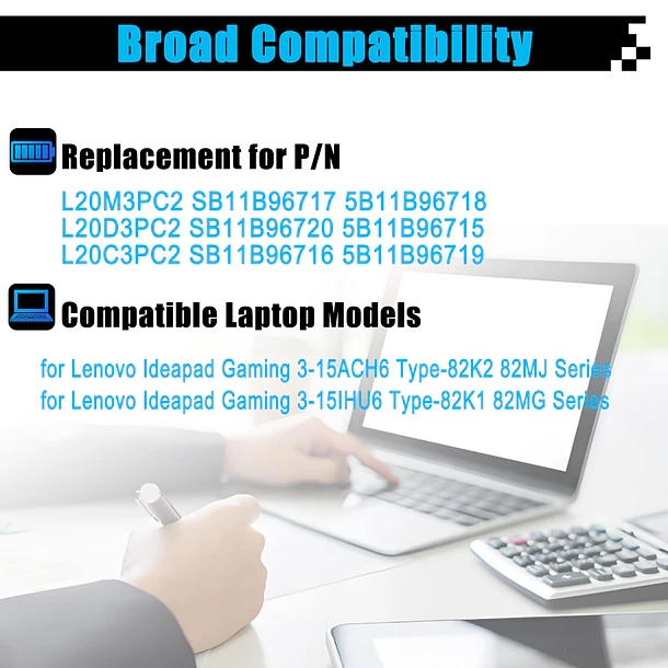 Batería de Repuesto para Lenovo Ideapad Gaming 3-15ACH6 Type-82K2 82MJ Ideapad Gaming 3-15IHU6 Type-82K1 3