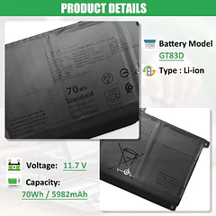 Batería de Repuesto GT83D para Dell XPS 14 9440 Series Notebook 7T7DY N80X2 11.7V 70Wh - RHKRKQN