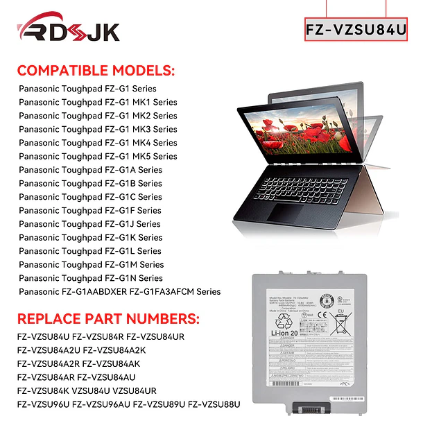 Batería de Repuesto C22N1307 para Panasonic Toughpad FZ-G1 Series FZ-VZSU84A2K FZ-VZSU84A2R FZ-VZSU84A2U FZ-VZSU84AK FZ-VZSU84AR FZ-VZSU84AU 3