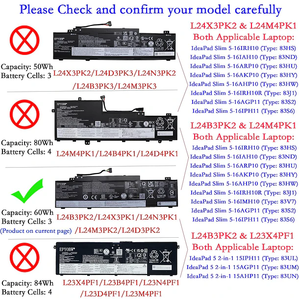 Batería de Repuesto L24B3PK2 para Lenovo IdeaPad Slim 3 14IRH10 14IRH10R 15ARP10 15IRH10 / Slim - EPYOBW 2