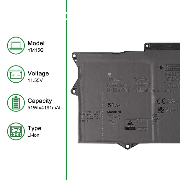 Batería de Repuesto YM15G para XPS 9315 Series Notebook 0G9FHC G9FHC Black 11.55V 51Wh 4191mAh - JIAZIJIA 2