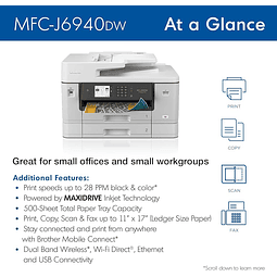 Multifuncional Brother MFC-J6940DW, Impresora, Copiadora, Escáner y Fax, Doble Carta, Wi-Fi, Ethernet, USB.