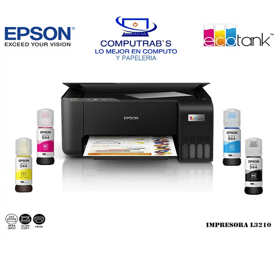 Multifuncional Epson EcoTank L3210 con Sistema de Tanques de Tinta, Impresora, Copiadora y Escáner, USB.