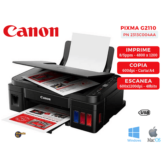 Multifuncional Canon PIXMA G2110 con Sistema de Tanques de Tinta, Impresora, Copiadora y Escáner, Resolución hasta 4800 x 1200 dpi, USB.