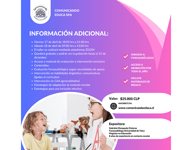 Taller online: TEA en contexto escolar. Evaluación, intervención y estrategias para una inclusión efectiva