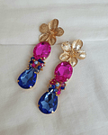 Aros flor cristal fucsia y azul con racimo