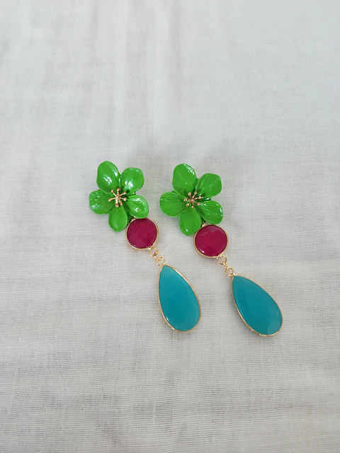 Aros Flor verde, fucsia y turquesa