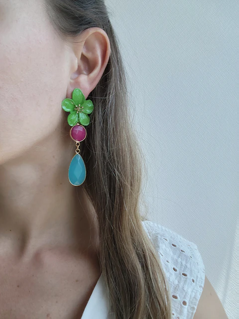 Aros Flor verde, fucsia y turquesa