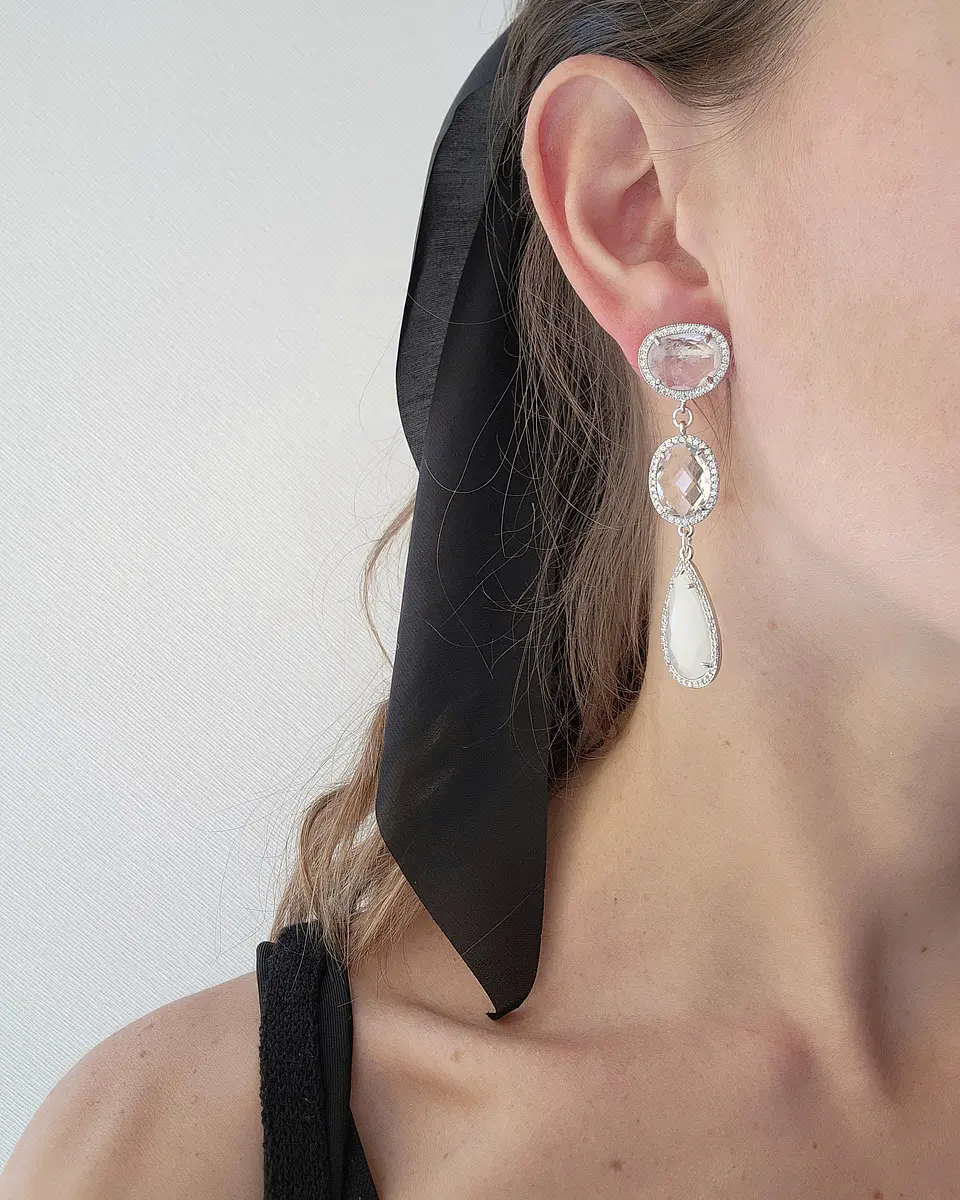 Aros largos, cuarzo, cristal transparente y blanco con circonitas 2