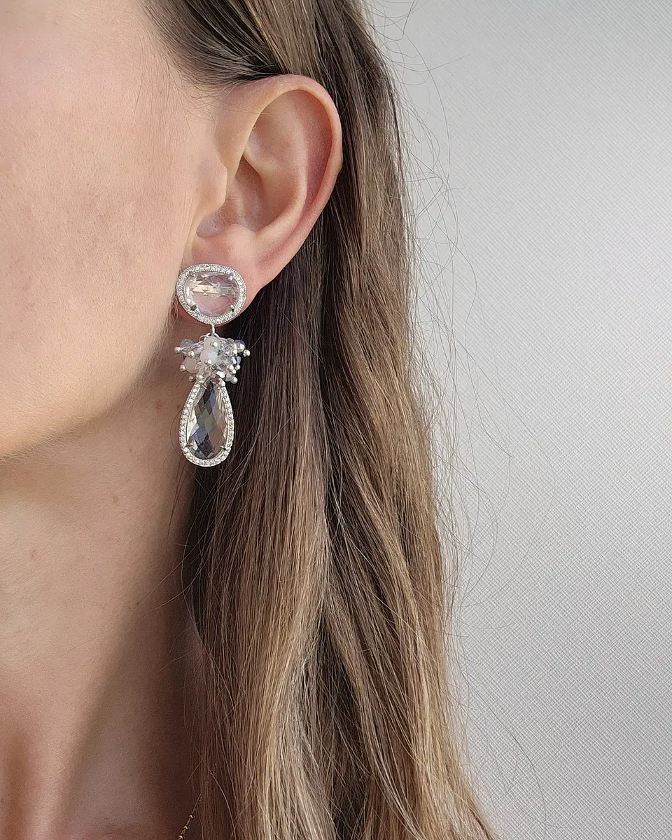 Aros con cuarzo, circonitas y cristal transparente con racimo 4