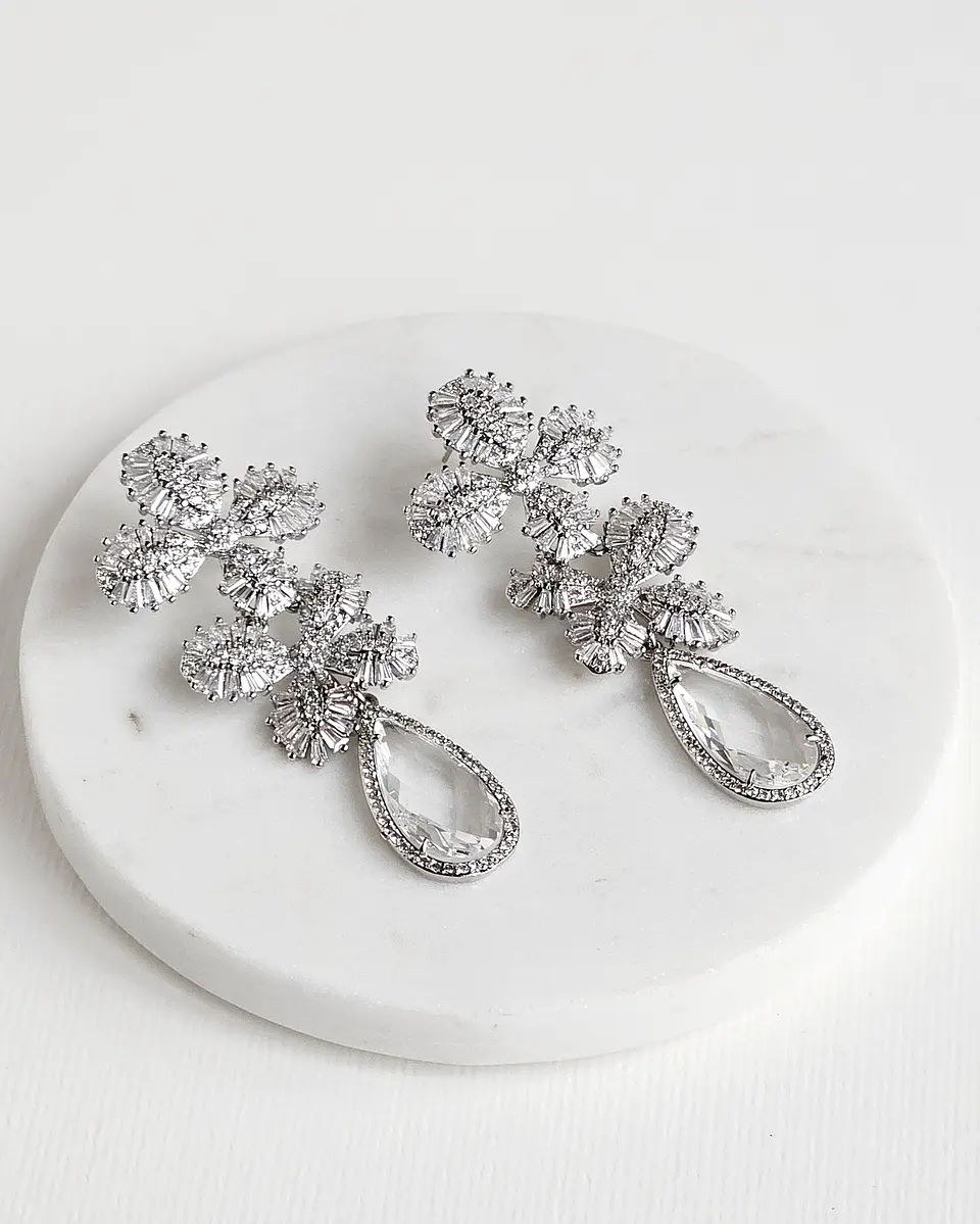 Aros de doble flor de circonitas y cristal plateado 1