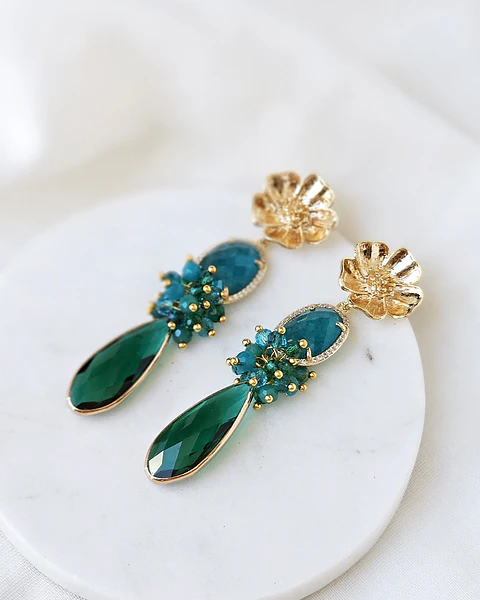 Aros flor ágata petróleo y cristal verde con racimo