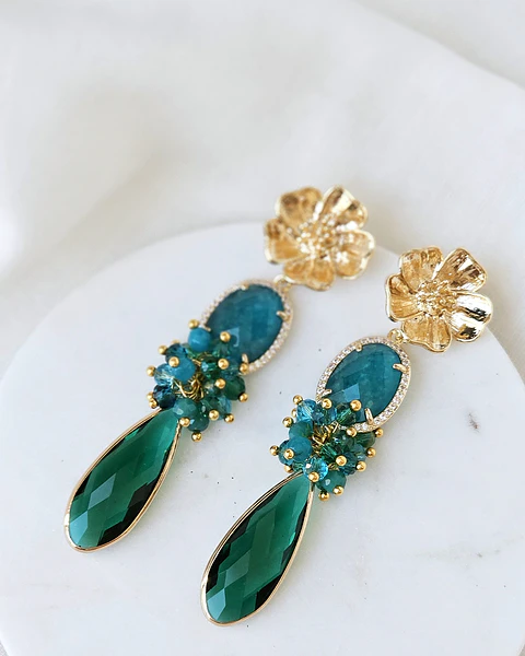 Aros flor ágata petróleo y cristal verde con racimo