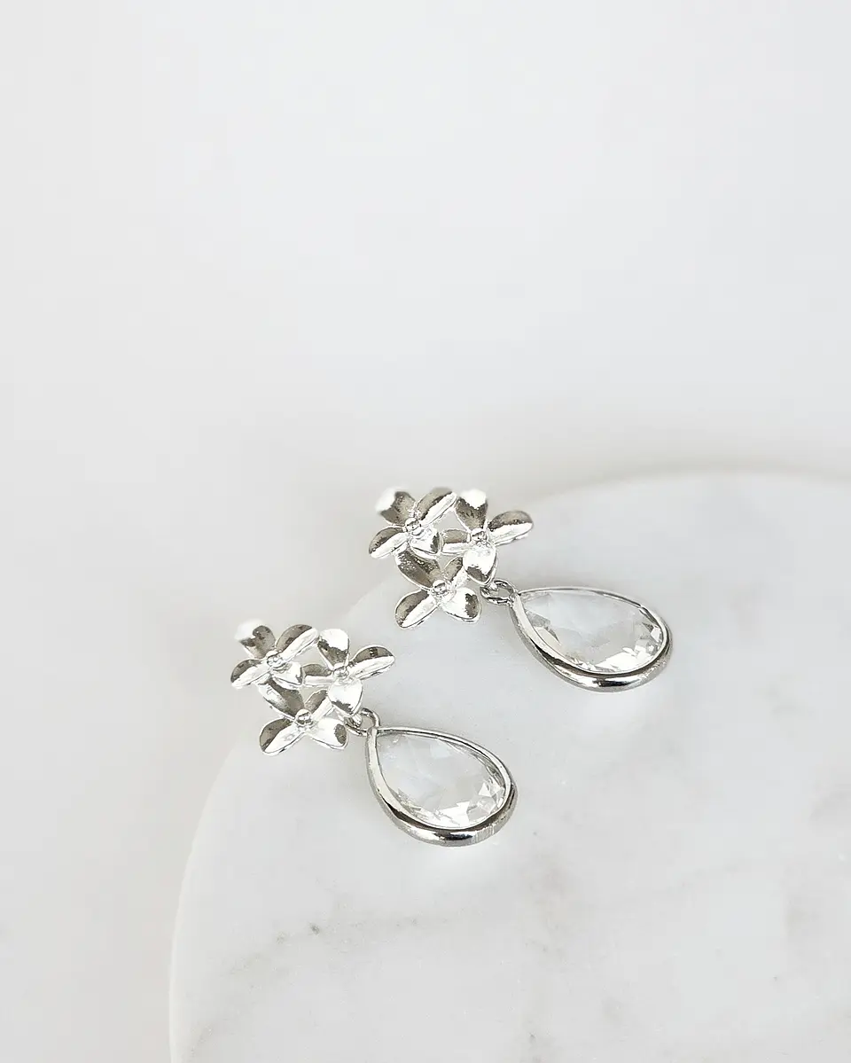 Aros plateados tres flores con cristal 2
