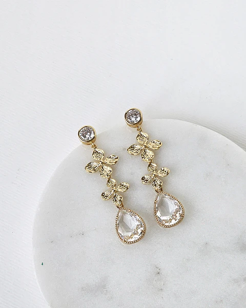 Aros circonita doble flor y cristal oro