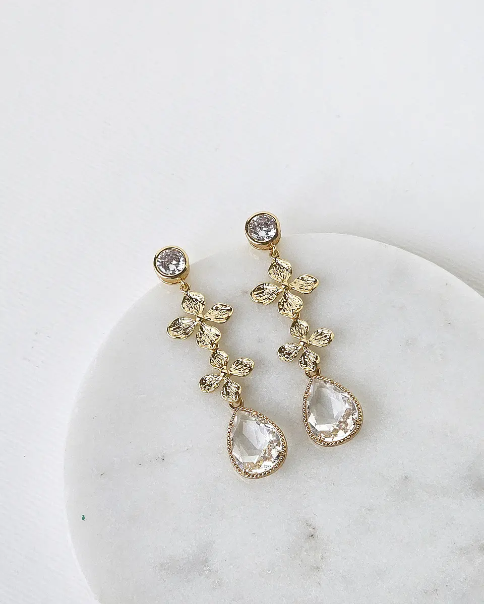 Aros circonita doble flor y cristal oro 2