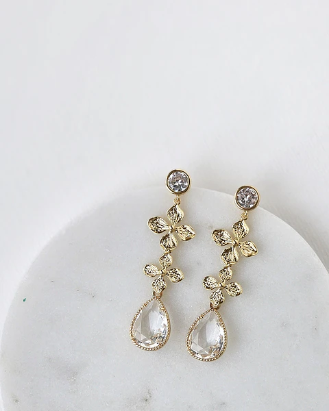 Aros circonita doble flor y cristal oro