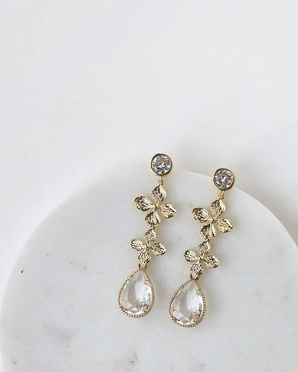 Aros circonita doble flor y cristal oro 1