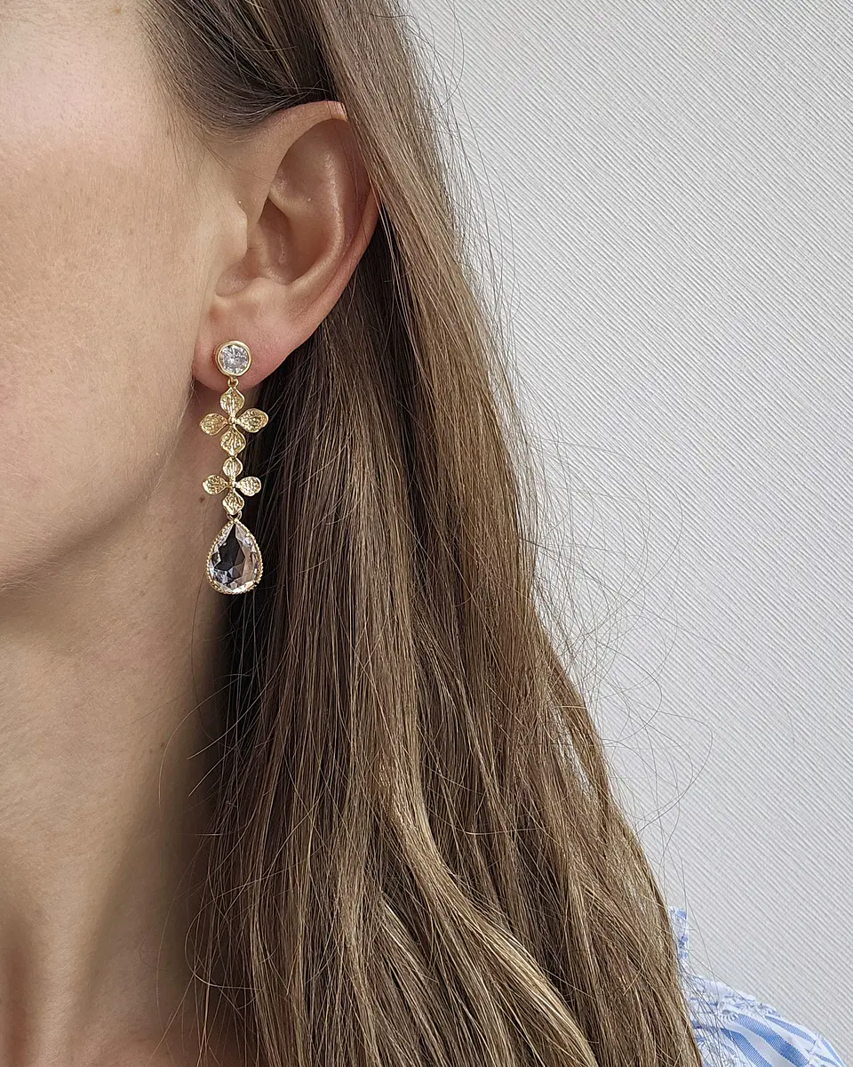 Aros circonita doble flor y cristal oro 3