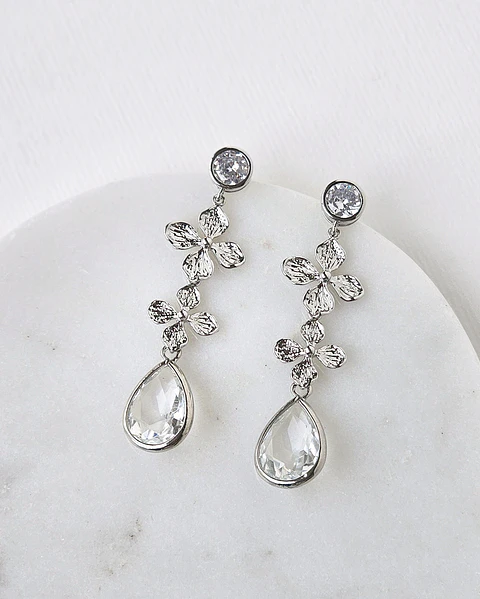 Aros circonita doble flor y cristal plata