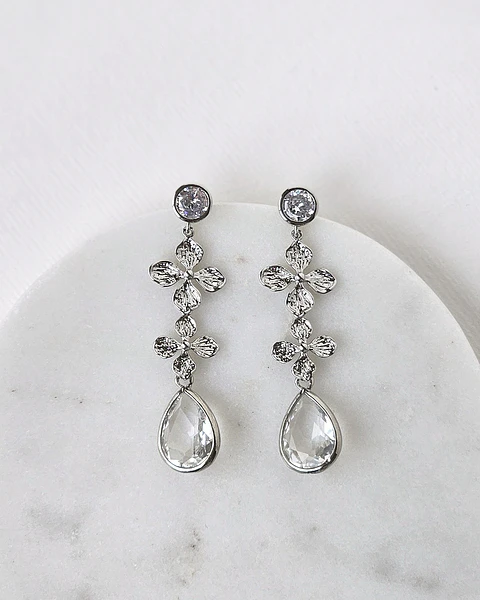 Aros circonita doble flor y cristal plata
