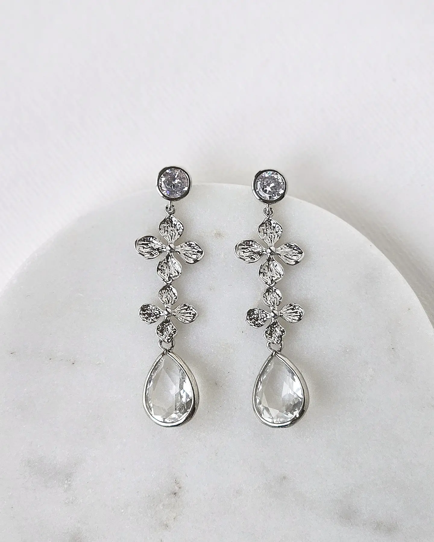 Aros circonita doble flor y cristal plata 2